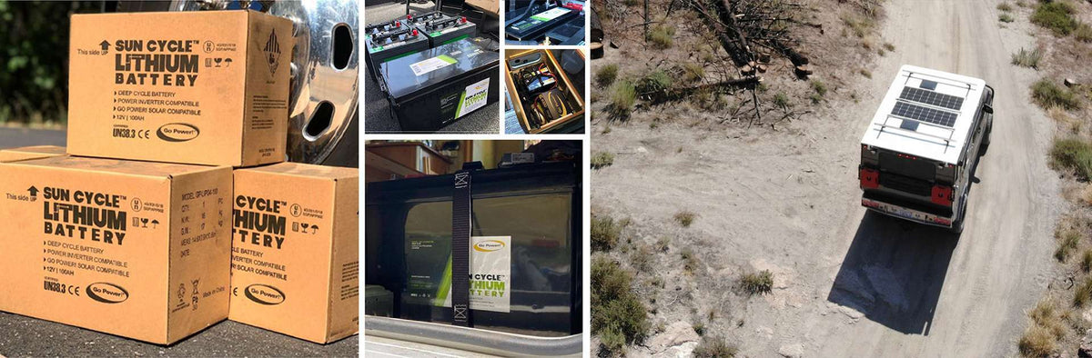 Go Power! Sun Cycle lithium battery boxes and an RV with rooftop solar