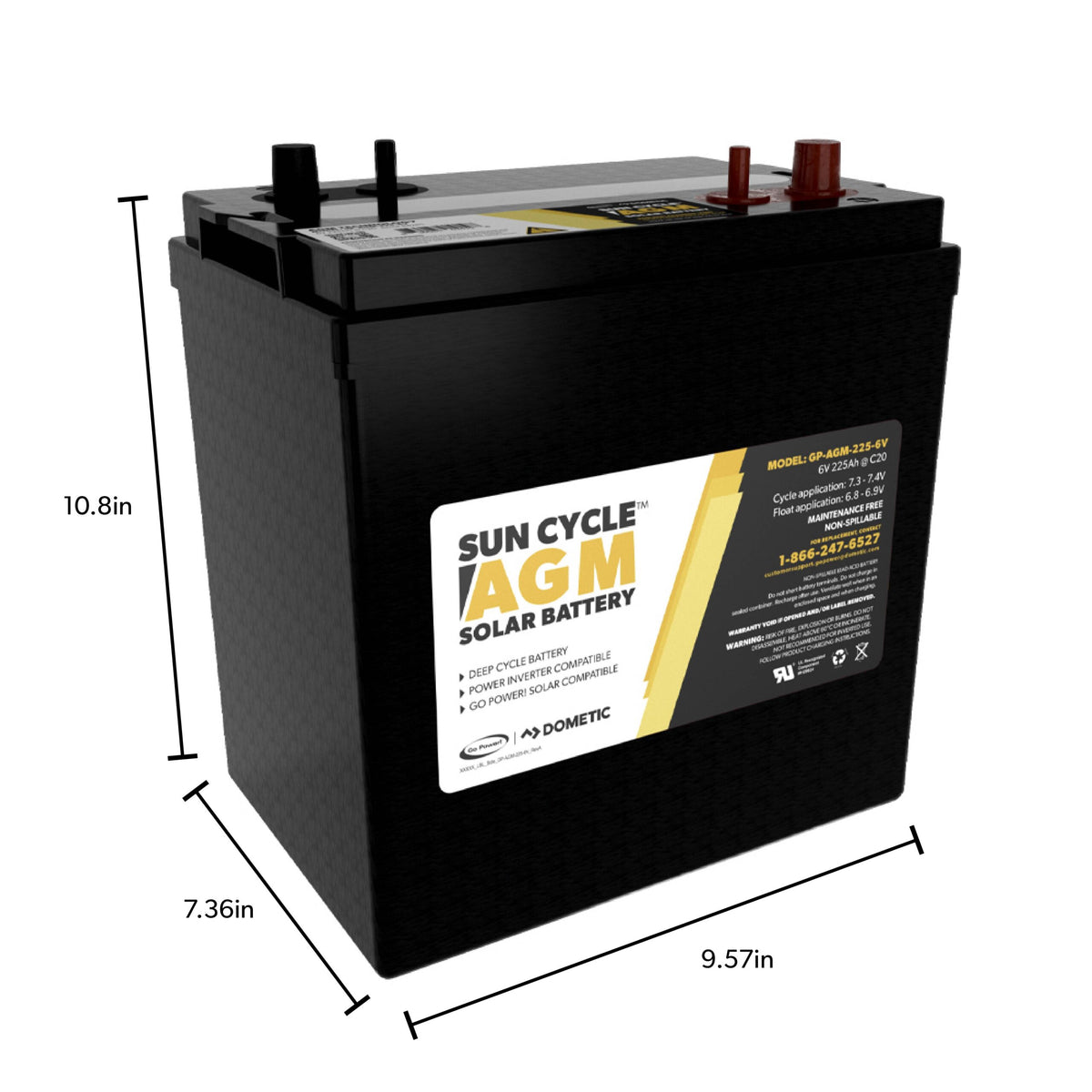 Go Power! 6V 225Ah AGM battery dimensions, 9.57 x 7.36 x 10.8 in