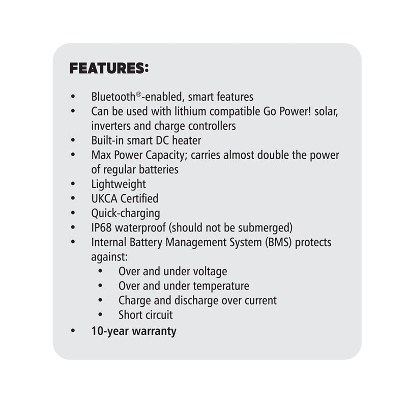 Go Power! 300Ah Advanced Lithium battery features: BMS, DC heater, Bluetooth, PowerTrak