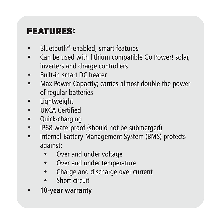 Go Power! Advanced Lithium battery features: BMS, DC heater, Bluetooth, PowerTrak