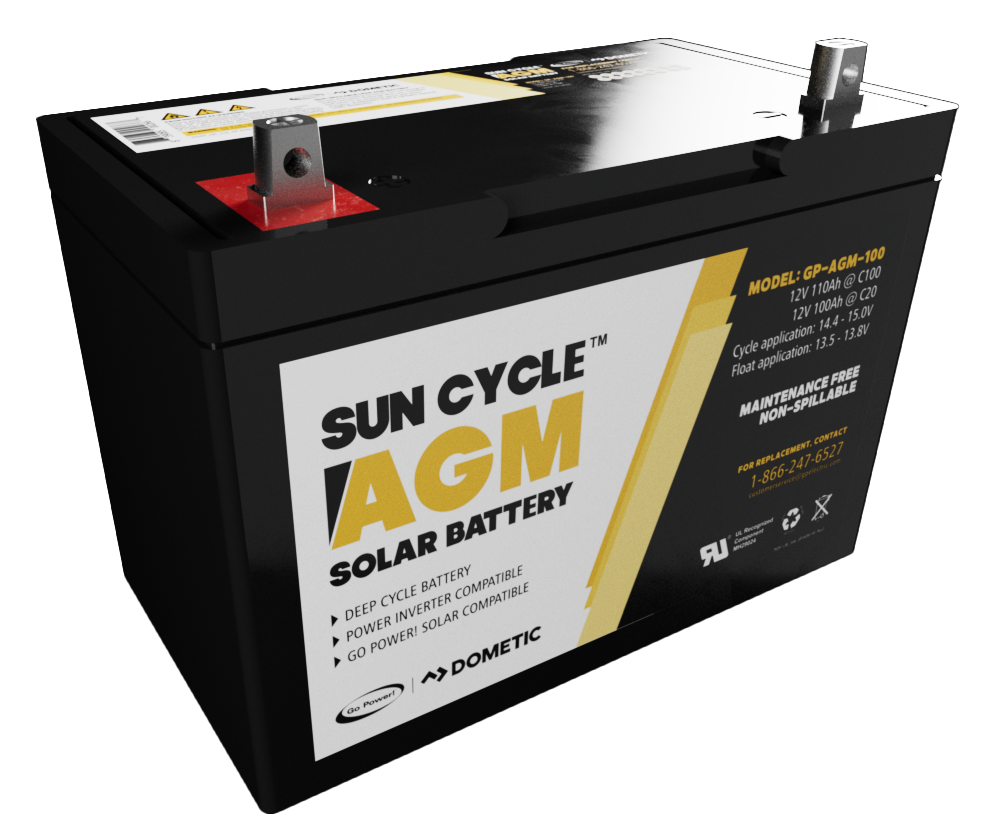 Go Power! 100Ah 12V AGM deep cycle battery, left angle view
