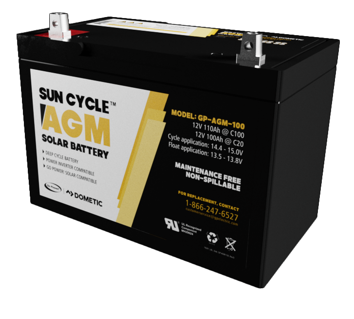 Go Power! 100Ah 12V AGM deep cycle battery GP-AGM-100-12V, right angle view