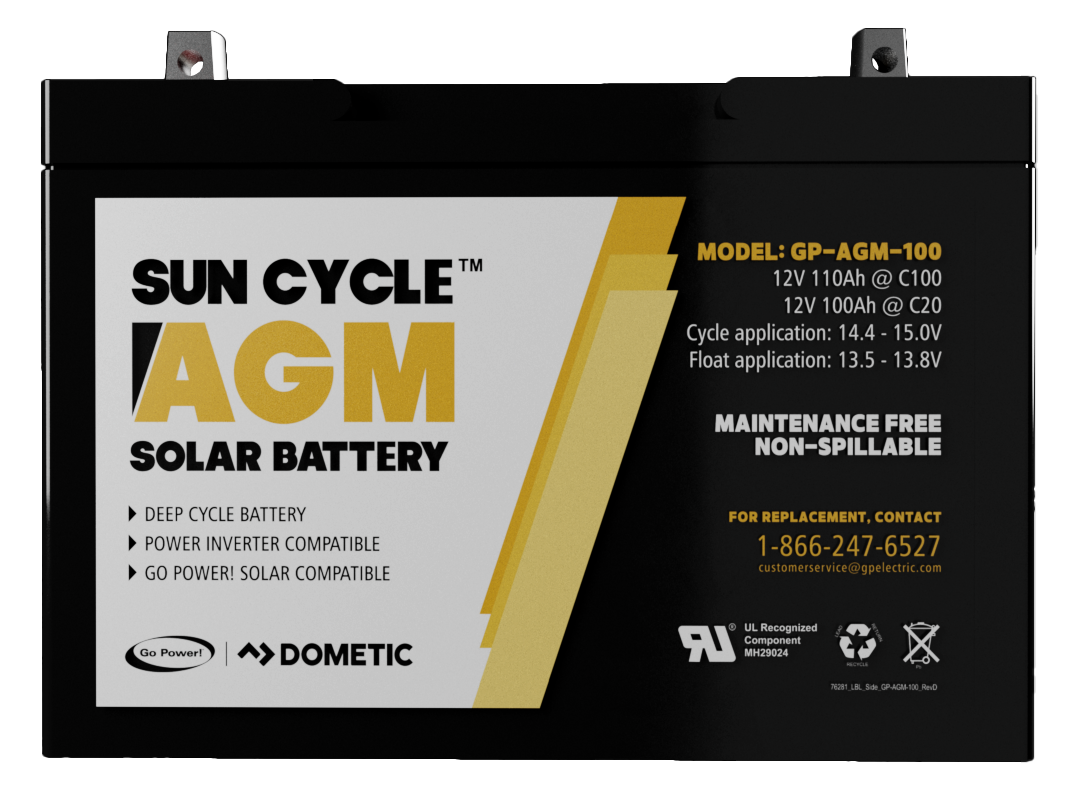 Go Power! 100Ah 12V AGM deep cycle battery, front view
