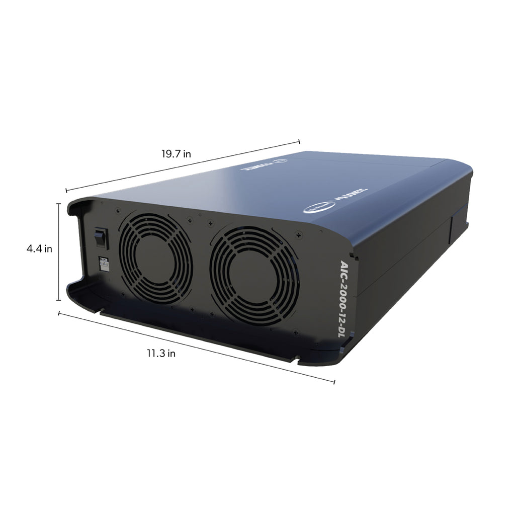 Go Power! AIC-2000-12-SL inverter charger terminals with dimensions, right-angle view