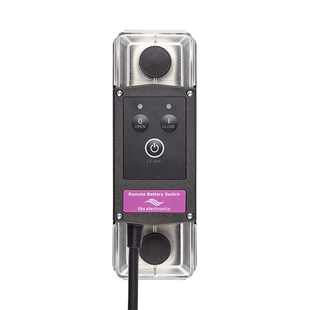 TBS Electronics DCM Remote Battery Switch, front view with manual buttons and LEDs