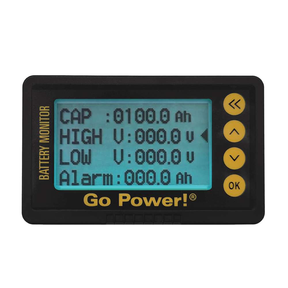 GP-BMK-25 settings screen: capacity, high and low voltage, alarm